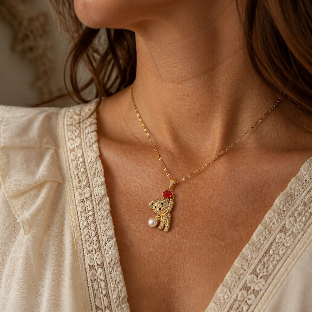 Collier Pendentif Ours en Forme de Cœur