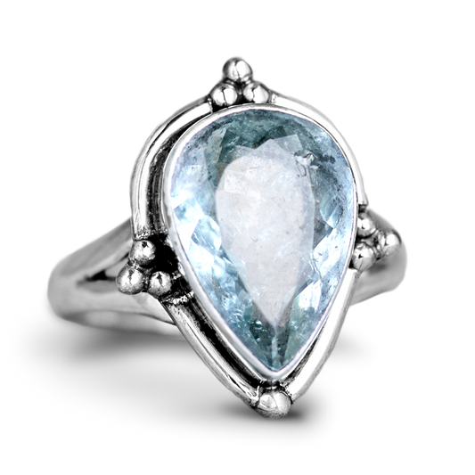 Bague en Argent avec Aigue-Marine en Forme de Goutte