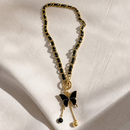 Collier Pendentif Papillon avec Frange Noire