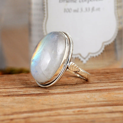 Bague en Pierre de Lune Arc-en-Ciel Argentée