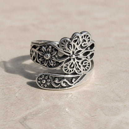 Bague ajustable en argent, papillon et fleurs