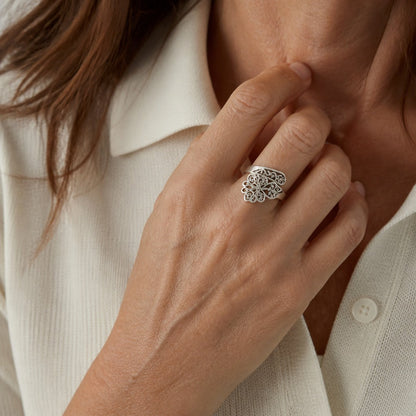 Bague ajustable en argent, papillon et fleurs